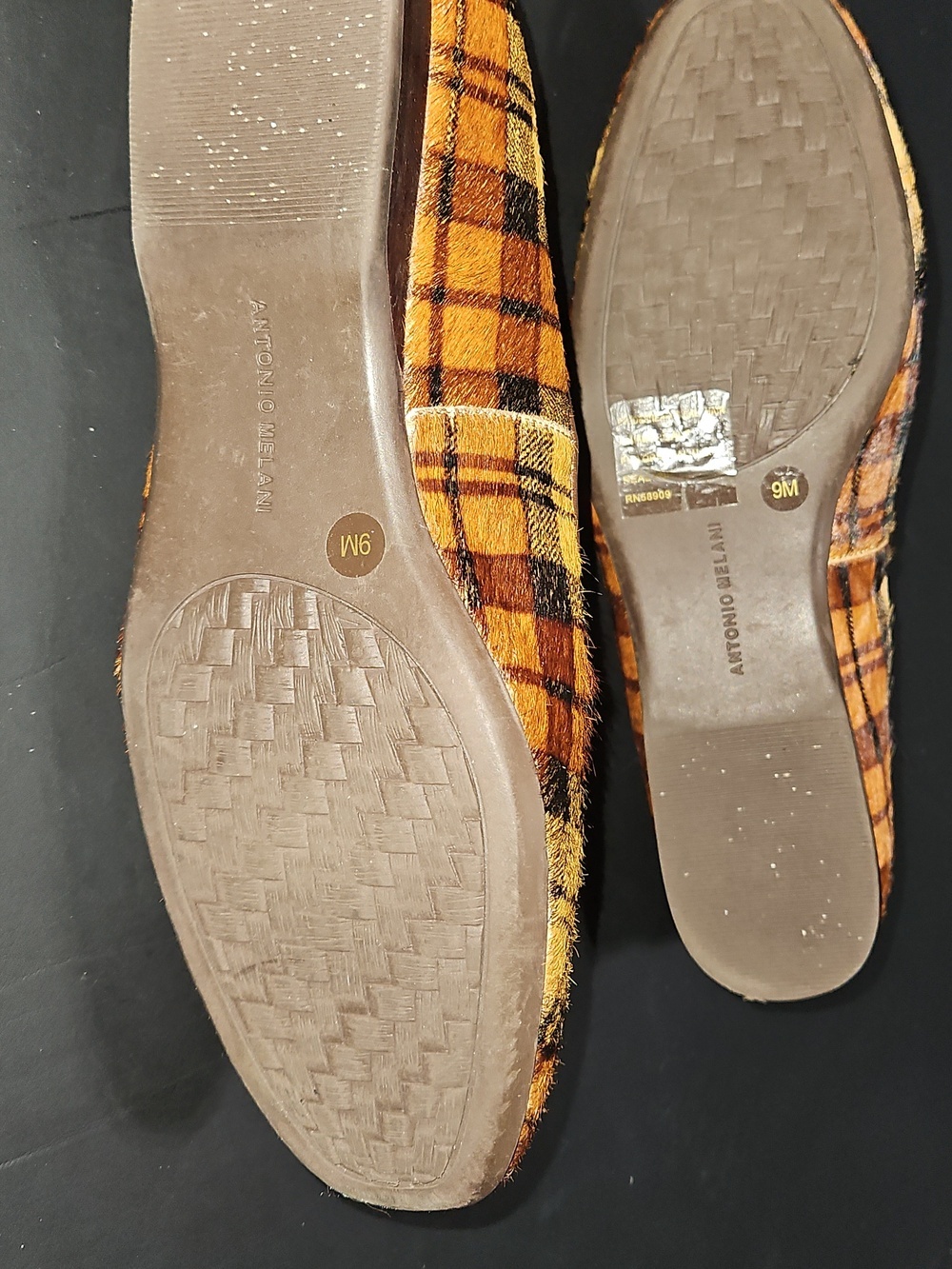 ANTONIO MELANI Yellow and Brown Plaid Calf Hair Women's Loafers Size 9 - Picture 6 of 13